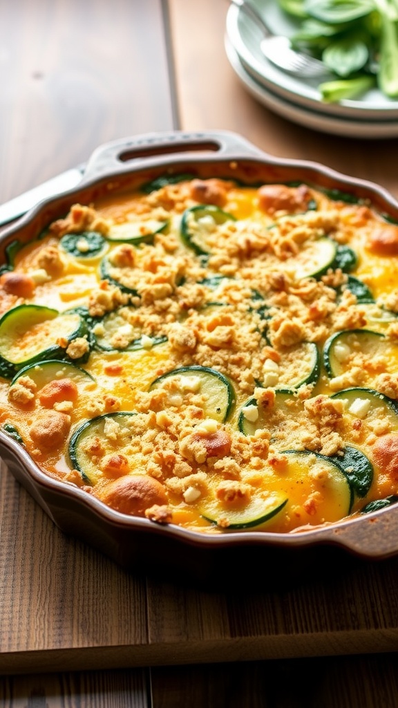 A baked spinach zucchini feta casserole in a rustic dish, topped with breadcrumbs, served on a wooden table.